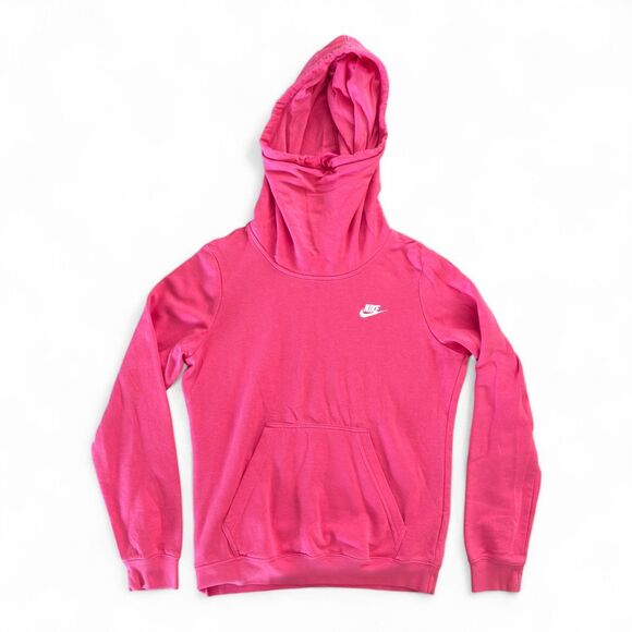 Nike Women’s Hoodie Medium Pink Pullover Sweatshirt Kangaroo Pocket Logo - Picture 1 of 4